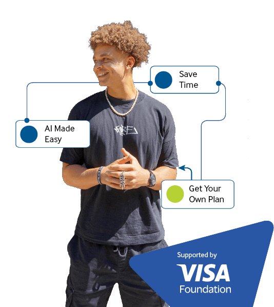 A smiling founder, with the notes: AI made easy, save time, get your own plan.
